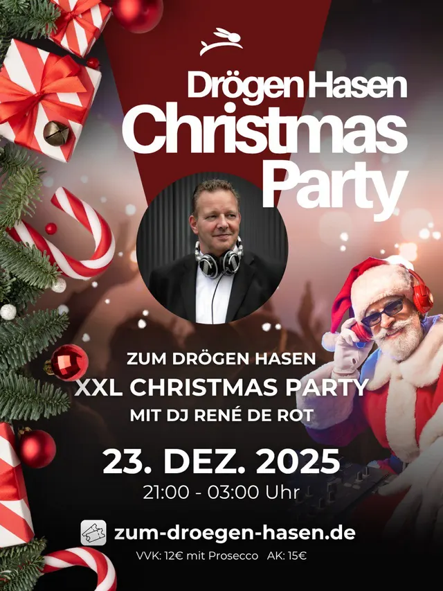 Veranstaltungsplakat: XXL Christmas Party im Drögen Hasen am 23. Dezember