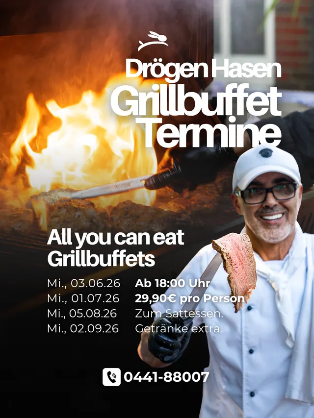 Veranstaltungsplakat: All-you-can-eat-Grillbuffets 2026 im Drögen Hasen mit allen Terminen